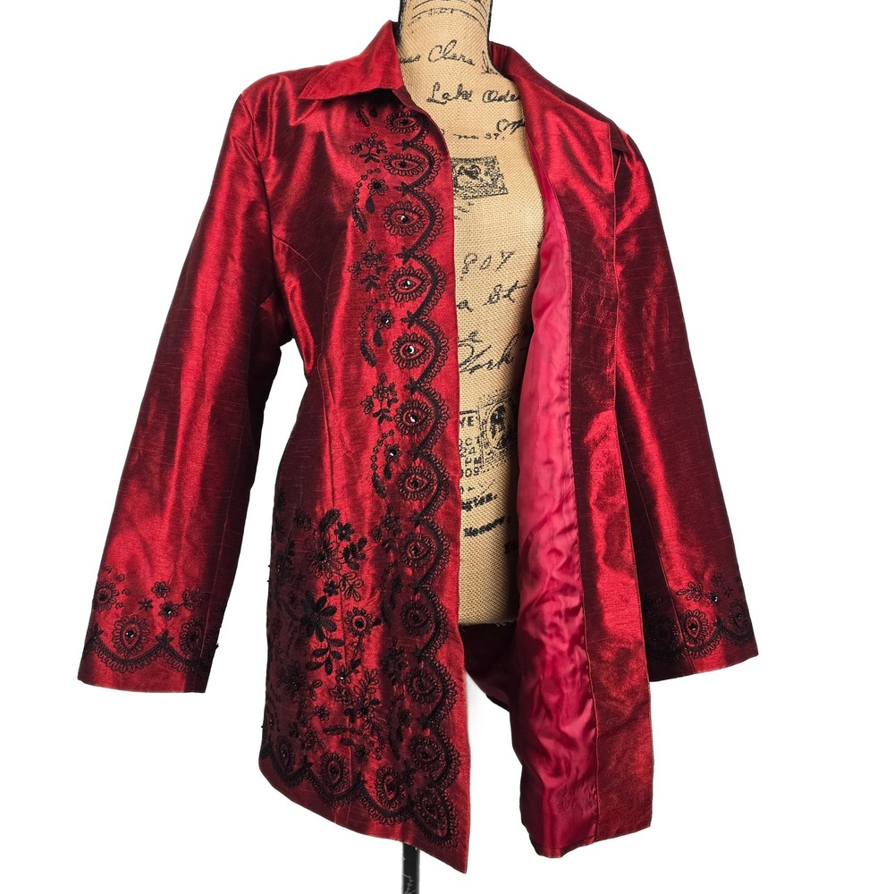 Silk Land Woman Red Wine Embroidered Beaded Silk Blend Blazer Jacket Size 20W